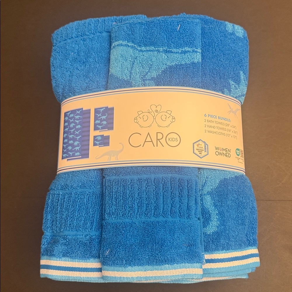 6pc CARO HOME 100% Cotton Blue Dinosaur Design Bath Towel Set Bundle
